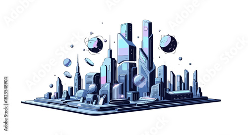 Futuristic Cityscape A Modern Metropolis with Skyscrapers and Digital Elements on a Square Platform
