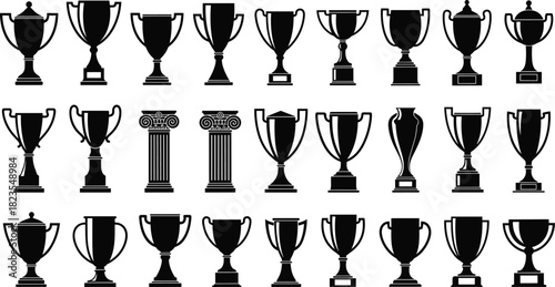 Set of Trophy Cup Silhouettes, Winner Awards and Championship Prize Icons Isolated on White Background, Vector Collection