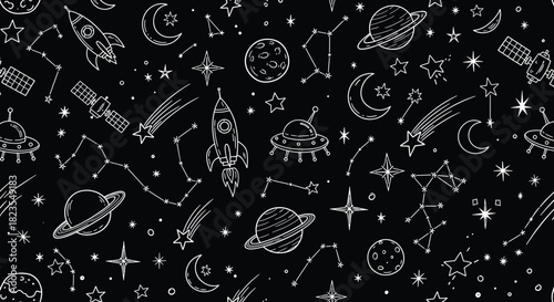 Cosmic voyage a whimsical black and white pattern of celestial wonders, featuring rockets, planets, stars, constellations, and ufos in a handdrawn style