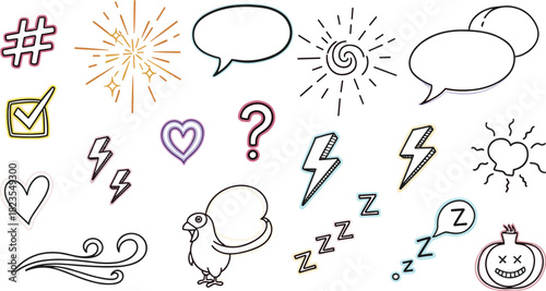 Handdrawn doodle set isolated on white background featuring a variety of whimsical and playful elements, perfect for adding a touch of fun to any design project