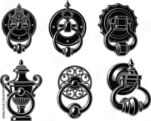 Set of vintage door knockers, antique black metal ring handles, ornamental front door decoration, vector illustration collection isolated on white