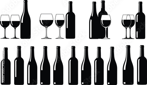 Set of wine bottle and glass silhouettes, black alcohol drink vector collection, winery restaurant menu icons, isolated on white background