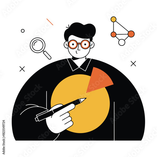A person in glasses is analyzing a pie chart with a pen, surrounded by abstract graphical elements symbolizing data and analysis