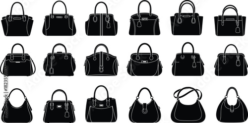 Set of women handbags silhouettes, fashion bag icons, leather purse collection, female accessories, black vector illustration, isolated shopping items
