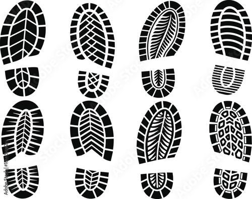 Shoe sole footprint vector set, various boot and sneaker tread patterns, black silhouette prints isolated on white background