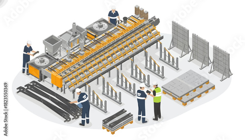 Isometric illustration of workers assembling industrial shelving units in a warehouse setting with various equipment and materials.