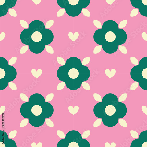 Floral Seamless Pattern with Retro Cute Flowers and Hearts – Soft Pastel Holiday Design