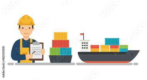 Logistics management with cargo inspector at shipping port overseeing container ship suitable for global supply chain and international trade