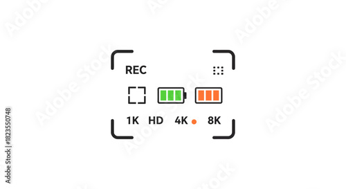 Camera recording display interface showing 4k resolution and battery with record option illustrating digital technology and professional video