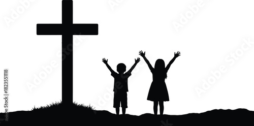 Silhouette of Christian cross with two children worshipping, boy and girl raising hands in prayer, religious vector illustration