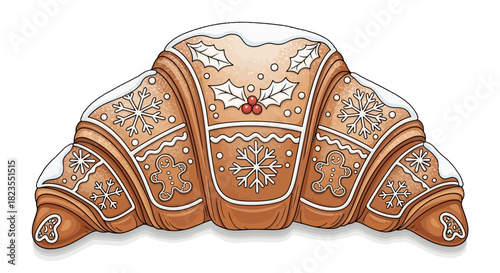 A festive Christmas croissant decorated like a gingerbread cookie with white icing, snowflakes, and holly.