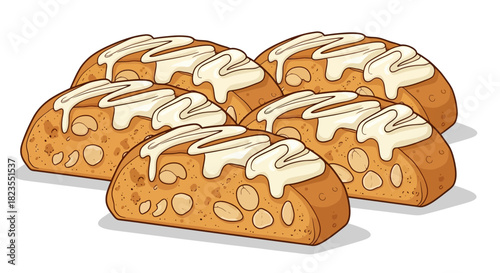Several golden-brown biscotti cookies with visible nuts and white icing drizzle, arranged on a white background in a detailed illustration.