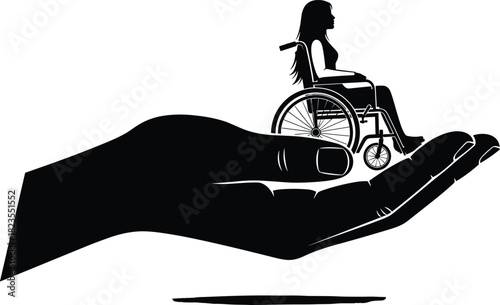 Silhouette of large hand holding woman in wheelchair, symbol of disability care, support, protection, and accessibility, black and white vector illustration