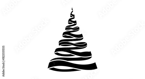 A modern, minimalist black and white Christmas tree icon formed by a single swirling, abstract ribbon on a white background.