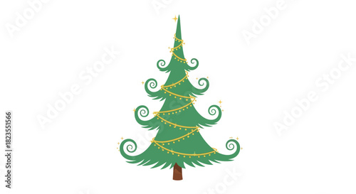 A whimsical green Christmas tree with curly branches adorned with yellow string lights and stars, set against a white background.