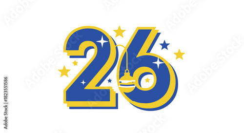 Stylized golden and blue number twenty-six graphic for celebratory events and milestones isolated PNG with Transparent Background