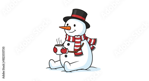 Cartoon snowman wearing a scarf and hat, holding a steaming mug.