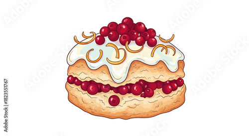 A delicious layered scone with white icing, red berry filling, and zest garnish, isolated on a white background.