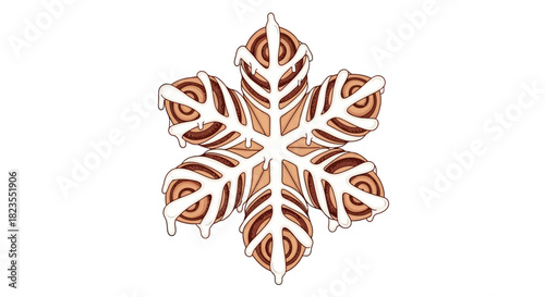 A festive snowflake made from six cinnamon rolls, artistically arranged and drizzled with sweet white icing.