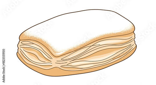 Detailed illustration of a golden-brown layered puff pastry, generously topped with a smooth white sugar glaze.