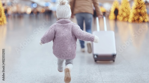 Toddler running in airport terminal with parent during holiday travel season
