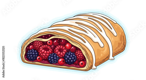 A delicious slice of berry strudel pastry filled with mixed berries and drizzled with white icing.