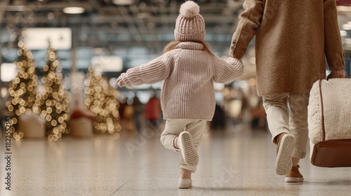 Child and parent walking in festive airport terminal decorated with holiday lights