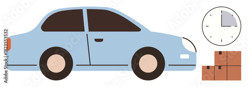 Blue car next to stacked cardboard boxes and a clock indicating time. Ideal for delivery, logistics, transportation, punctuality, e-commerce, time management, and efficiency concepts. Simple flat
