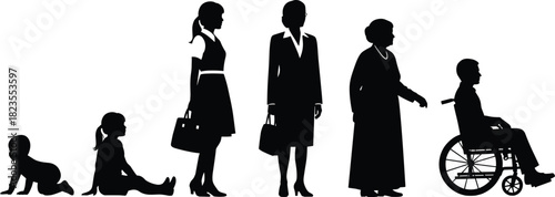 Silhouette sequence of human life stages, from baby to senior in wheelchair, aging cycle vector illustration isolated on white