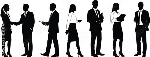 Silhouette set of business people, corporate team shaking hands, walking and standing, black men and women vector illustration, isolated