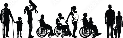 Silhouette vector of diverse families, parents with children, disabled people in wheelchairs, and community inclusion, isolated black figures set