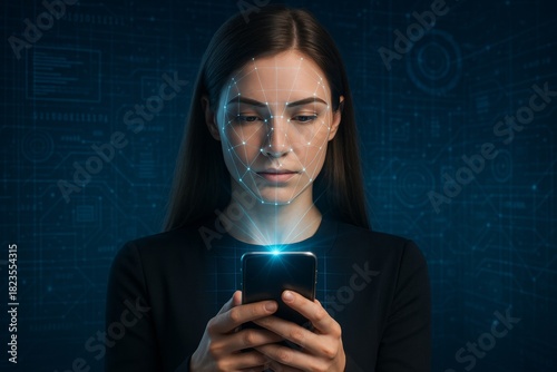 Woman using facial recognition technology on smartphone with digital biometric scan interface in futuristic concept on dark blue background. Ai generative
