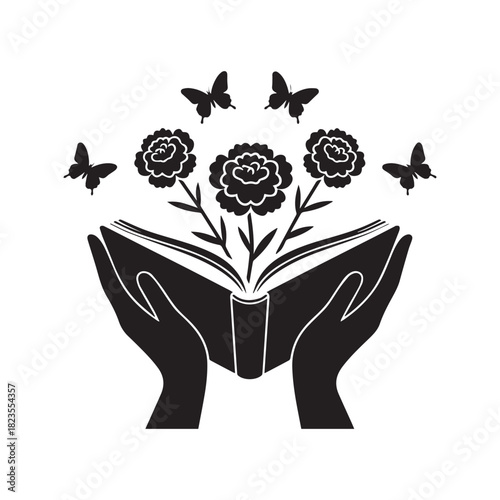 Hands Holding Open Book with Carnations and Butterflies Knowledge, Nature, and Growth.
