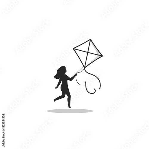 Silhouette of girl running with kite enjoying playful moment in outdoors with summer breeze