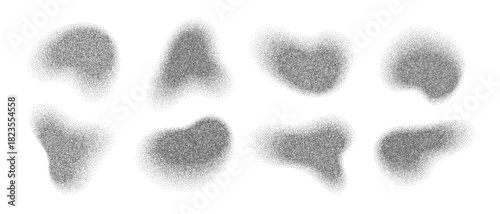 Stippled irregular shapes noise grain effect gradient texture set. Grainy halftone dots with noise textures and organic brush spray effects create abstract visual elements for contemporary artwork.
