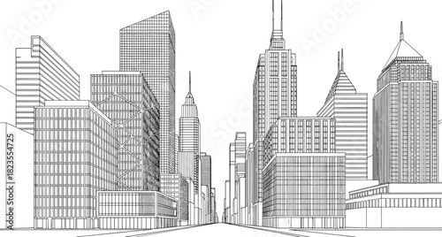 Vector line art illustration of modern city skyline, architectural perspective drawing of urban skyscrapers, black and white street sketch