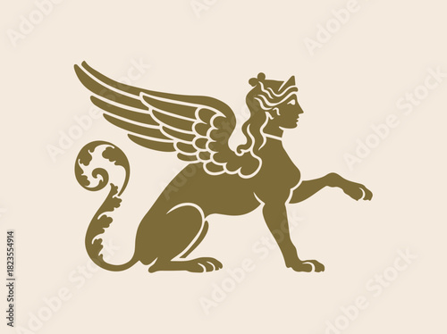 Winged sphinx profile vintage emblem vector illustration