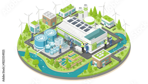Isometric illustration of an eco-friendly industrial complex with solar panels and wind turbines on a green landscape