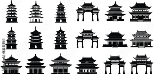 Vector set of black Asian architecture silhouettes, including Chinese pagodas and Japanese temples, isolated icons for traditional travel design logos