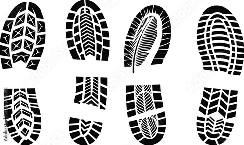 Vector set of black shoe sole footprints, boot tread patterns, sneaker tracks silhouettes, and walking steps collection, isolated illustration