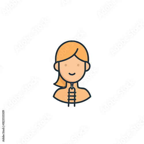 Stylized depiction of a woman with a medical device implanted near her throat indicates health