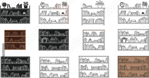 Vector set of bookshelves with books and plants, library furniture illustrations, bookcase icons in outline and flat styles, interior design