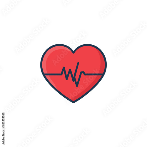 Stylized depiction of heartbeat frequency with red heart shape symbol conveys medical connection
