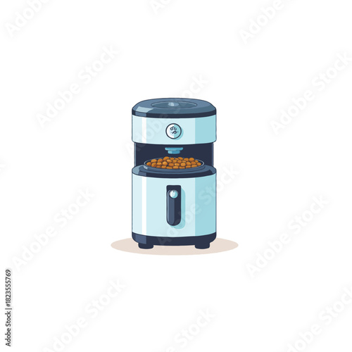 Stylized illustration of a modern automatic coffee maker, fresh brewed bean espresso machine for