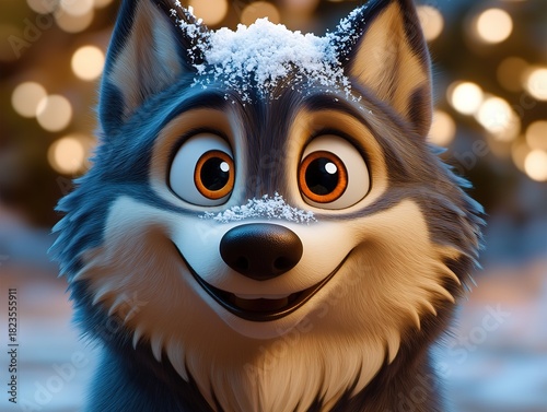 Cartoon vector illustration of a cute wolf character with big eyes, smiling face, snow on head, and bokeh background. Bright colors and close-up composition suitable for digital projects, greeting car