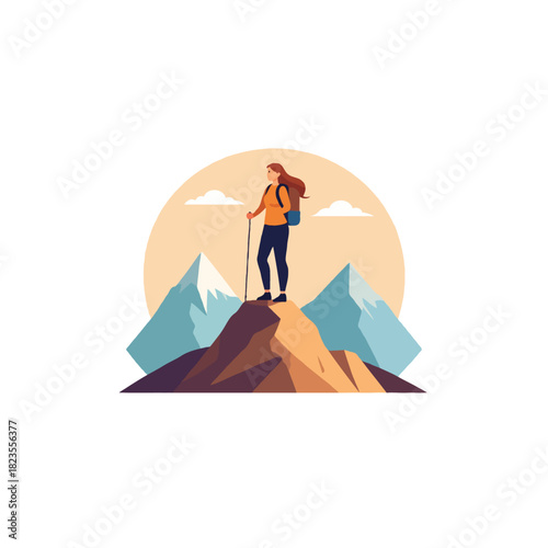 Successful mountaineer conquering the summit with mountainous landscape and cloud background on