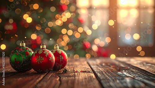 Festive red and gold glass baubles decorate a winter fir Christmas tree branch for the holiday season celebration