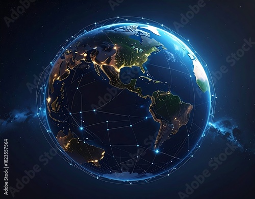 Illuminated Earth at night, surrounded by a network of interconnected nodes