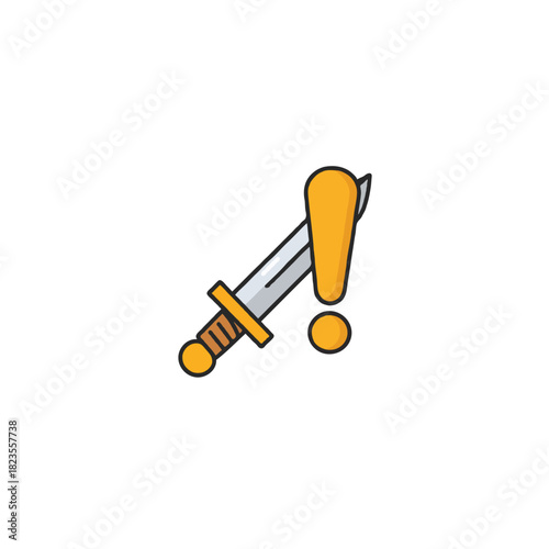 Warning with a sword indicating danger or urgent action with an exclamation point and weapon