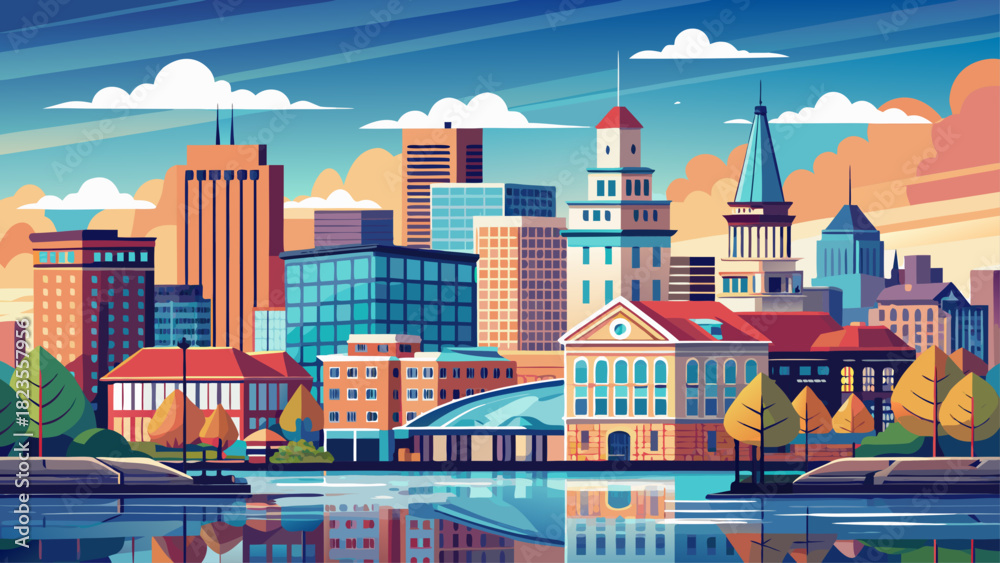 Obraz premium Very beautiful Erie, Pennsylvania downtown city skyline featuring modern and historic buildings, a calm waterfront atmosphere, and a clear, balanced composition ideal for stock-friendly artwork or vec